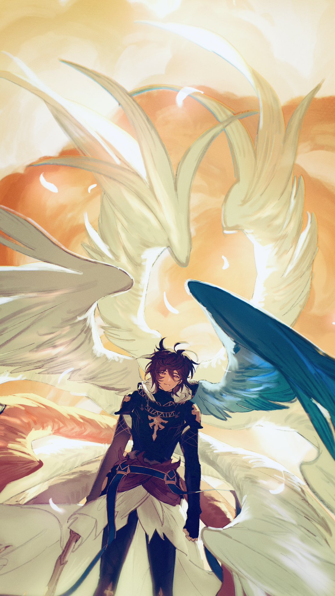 1boy ahoge armor arms_at_sides backlighting belt bishounen blue_belt blue_wings breastplate brown_hair brown_wings cape cloud cloudy_sky dawn facing_viewer falling_feathers feathered_wings feathers fingerless_gloves floating_clothes floating_hair gloves granblue_fantasy hair_between_eyes highres holding holding_sword holding_weapon hood hood_down light_smile looking_at_viewer male_focus messy_hair orange_sky red_eyes red_wings sandalphon_(granblue_fantasy) short_hair sky solo_focus sword t_of_game weapon white_cape white_wings wings