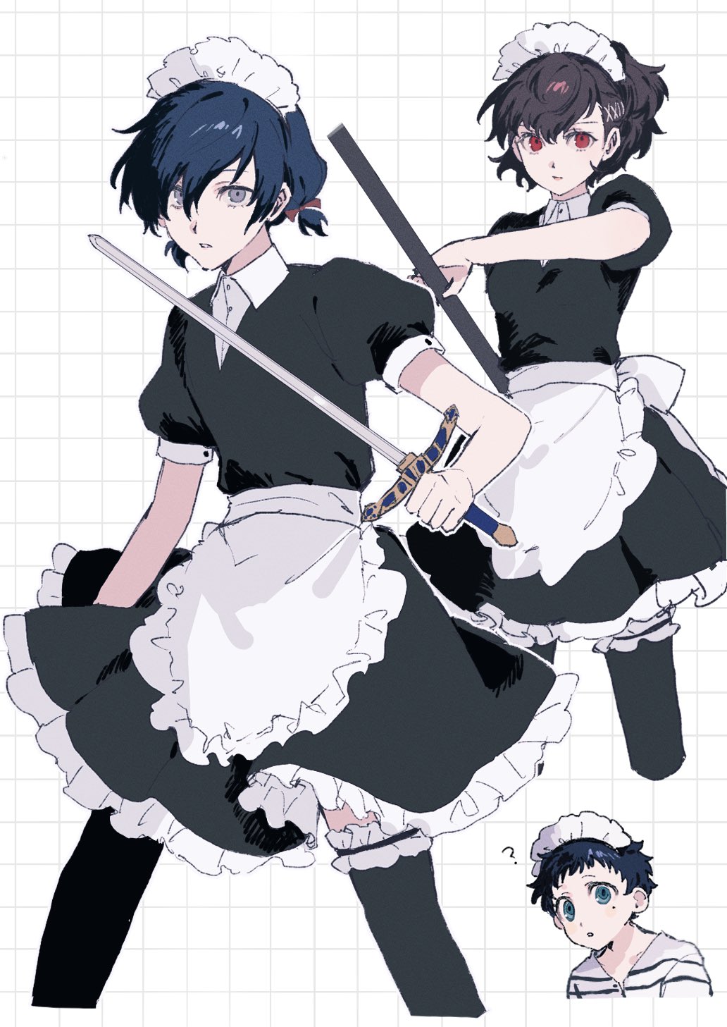 1girl 2boys :o ? apron back_bow black_dress black_hair blue_eyes blue_hair bow collared_dress cropped_legs crossdressing dress frilled_apron frilled_thighhighs frills grey_eyes grid_background hair_between_eyes highres holding holding_polearm holding_sword holding_weapon m0rtalcoil0 maid maid_apron maid_headdress male_maid mole mole_under_mouth multiple_boys official_alternate_costume persona persona_3 persona_3:_dancing_moon_night persona_3_portable persona_dancing pharos polearm ponytail puffy_short_sleeves puffy_sleeves red_eyes shiomi_kotone shirt short_sleeves short_twintails simple_background striped_clothes striped_shirt sword thighhighs twintails weapon white_apron white_background wing_collar yuuki_makoto_(persona_3)