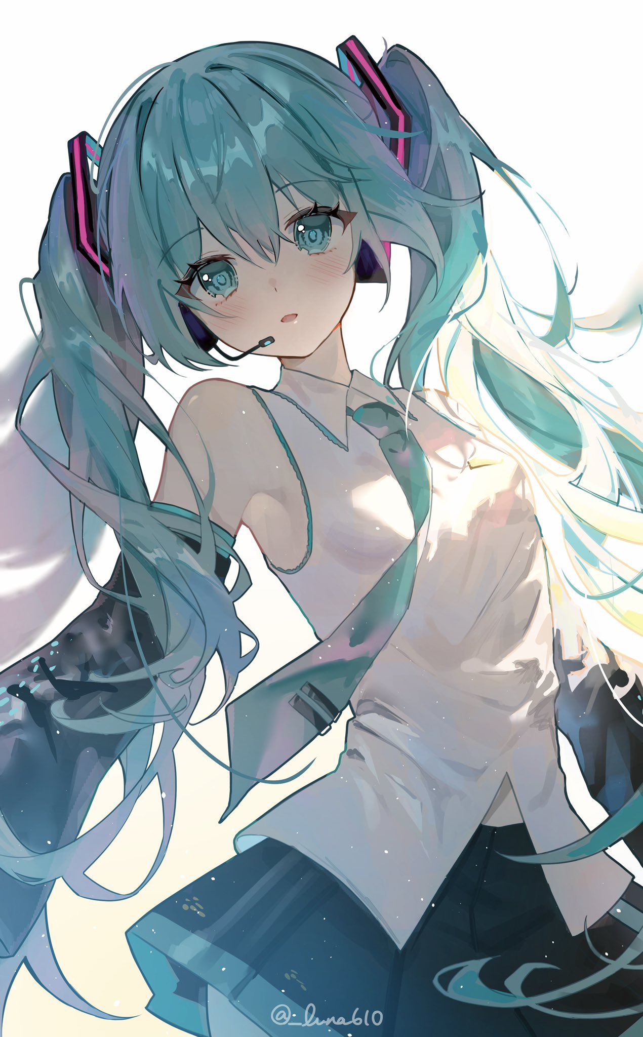 1girl aqua_hair aqua_necktie armpit_peek bare_shoulders black_skirt black_sleeves blue_eyes blush breasts collared_shirt commentary detached_sleeves hair_between_eyes hair_ornament hatsune_miku headset highres long_hair looking_at_viewer luna_(luna610) midriff_peek necktie parted_lips pleated_skirt shirt skirt sleeveless sleeveless_shirt small_breasts solo twintails twitter_username very_long_hair vocaloid white_shirt