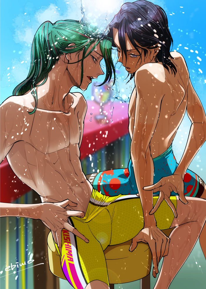 abs arm_held_back backlighting bare_back blue_eyes blue_hair blue_male_swimwear blue_sky clothes_pull collarbone from_side green_eyes green_hair hand_on_chair hand_on_own_hip light_frown looking_at_viewer makishima_yuusuke male_focus male_swimwear mojisan_(ebimo) multicolored_hair on_stool one_eye_closed pants pants_pull parted_lips pectorals ponytail ribs sidelocks sitting sky streaked_hair sunlight teeth toudou_jinpachi upper_body upper_teeth_only water water_drop waterpark wet wet_hair yaoi yellow_male_swimwear yowamushi_pedal