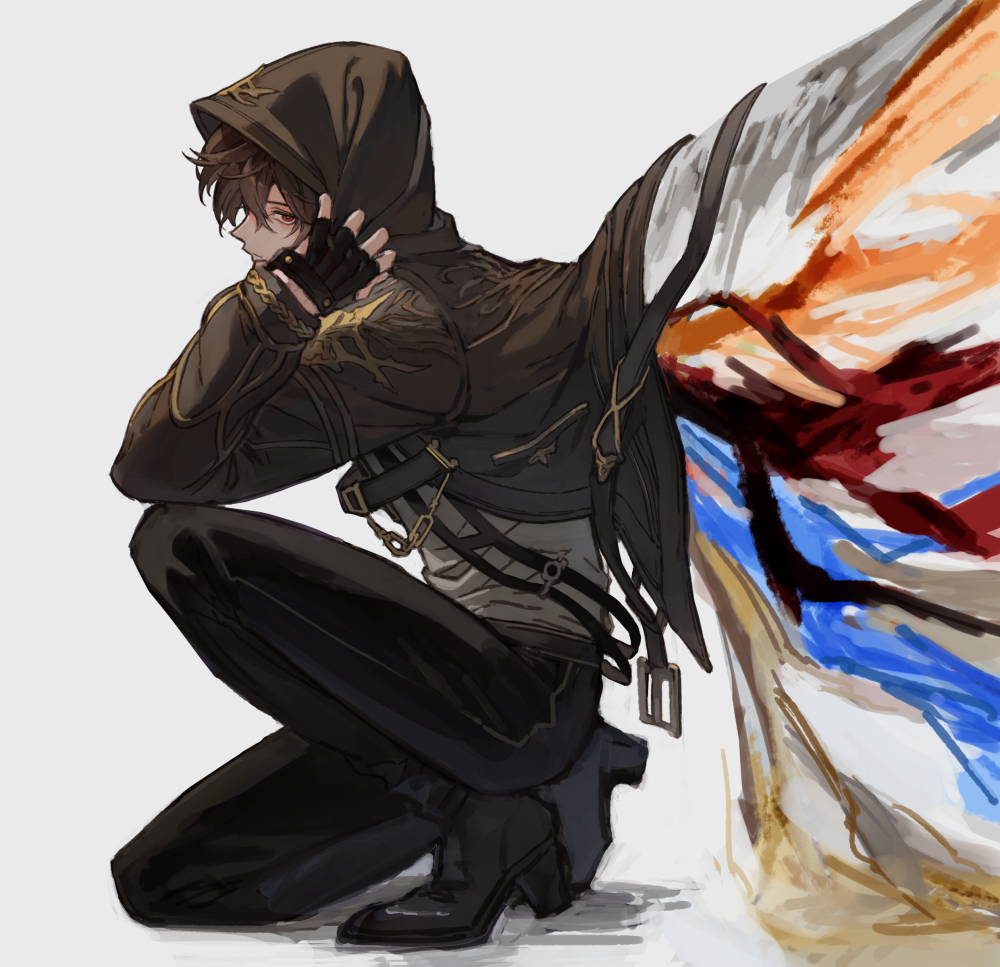 1boy adjusting_clothes ahoge asymmetrical_wings belt_buckle bishounen blue_wings boots brown_hair buckle chain commentary commentary_request dated_commentary energy_wings fingerless_gloves floating_clothes from_side gloves granblue_fantasy hair_between_eyes high_heel_boots high_heels holding holding_clothes hood hood_up j999 jacket knee_up looking_at_viewer male_focus messy_hair multicolored_wings on_one_knee open_clothes open_jacket orange_wings red_eyes red_wings sandalphon_(granblue_fantasy) shirt short_hair sitting solo_focus white_background white_shirt white_wings wind wind_lift wings