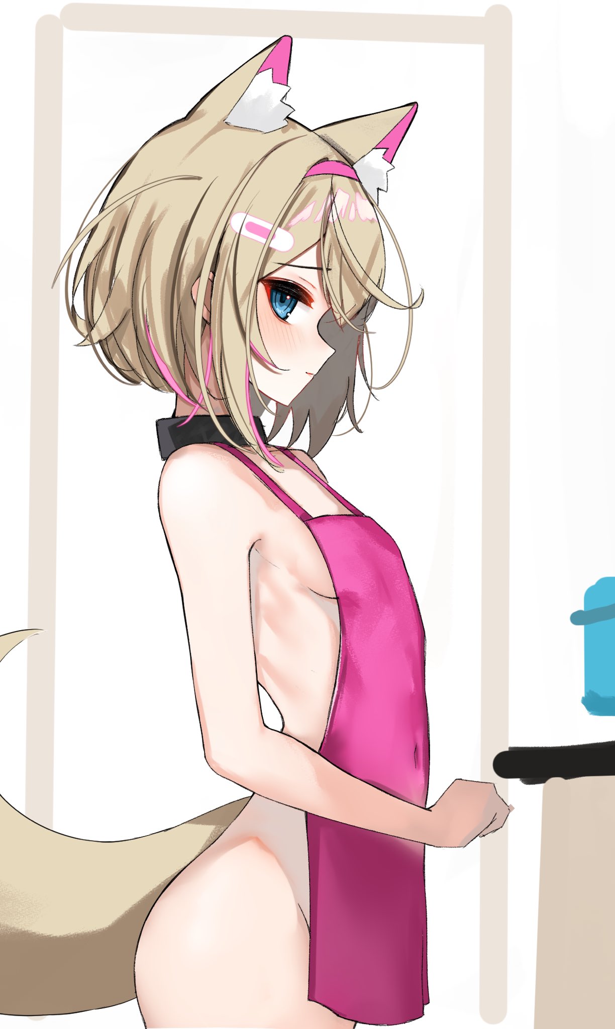 1girl animal_ears apron ass bandaid bandaid_hair_ornament black_collar blonde_hair blue_eyes breasts collar dog_ears dog_girl dog_tail english_commentary from_side hair_ornament hairband highres hololive hololive_english mococo_abyssgard multicolored_hair naked_apron pink_apron pink_hair pink_hairband profile rifufu short_hair small_breasts solo streaked_hair tail virtual_youtuber