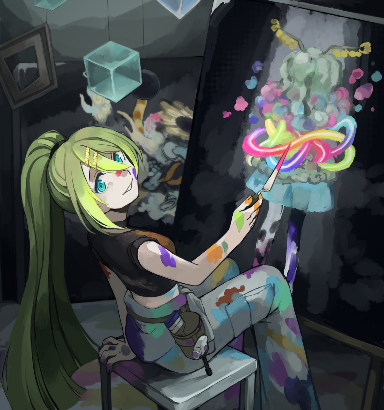 1girl alina_gray art_room belt_pouch black_shirt blue_eyes blunt_ends canvas_(object) commentary_request drawing_(action) drawing_(object) easel feet_out_of_frame from_side green_hair hair_between_eyes highres indoors long_hair looking_at_viewer looking_back magia_record:_mahou_shoujo_madoka_magica_gaiden mahou_shoujo_madoka_magica moomoofoo official_alternate_costume paint_on_clothes paint_splatter paint_splatter_on_face paintbrush pants pouch shirt sidelocks sitting smile solo stool very_long_hair white_pants