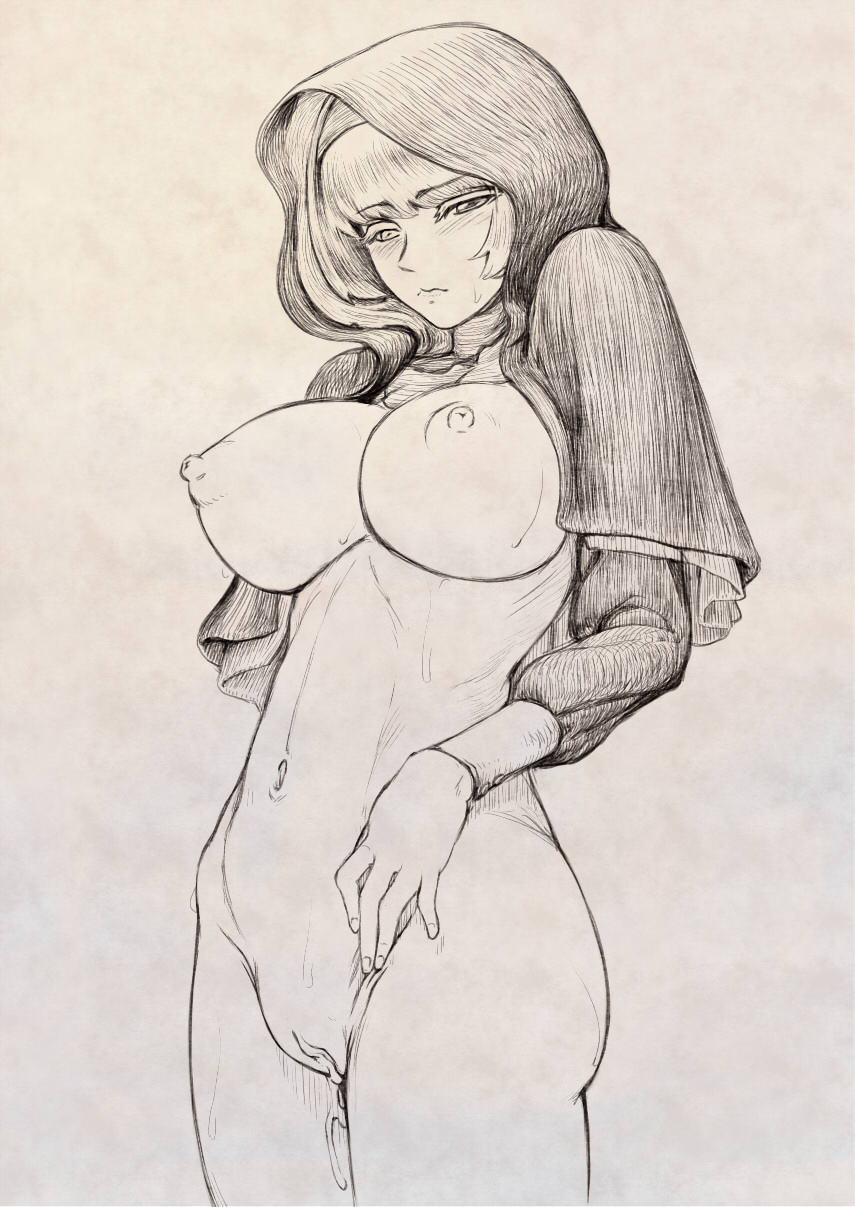 blush breasts hand_on_own_hip hatching_(texture) highres large_breasts long_sleeves looking_at_viewer mismatched_pupils musen-shiki_sanhankikan narrowed_eyes nipples no_panties nude original paper_texture pointy_breasts pussy pussy_juice shrug_(clothing) simple_background sweat traditional_media veil white_background