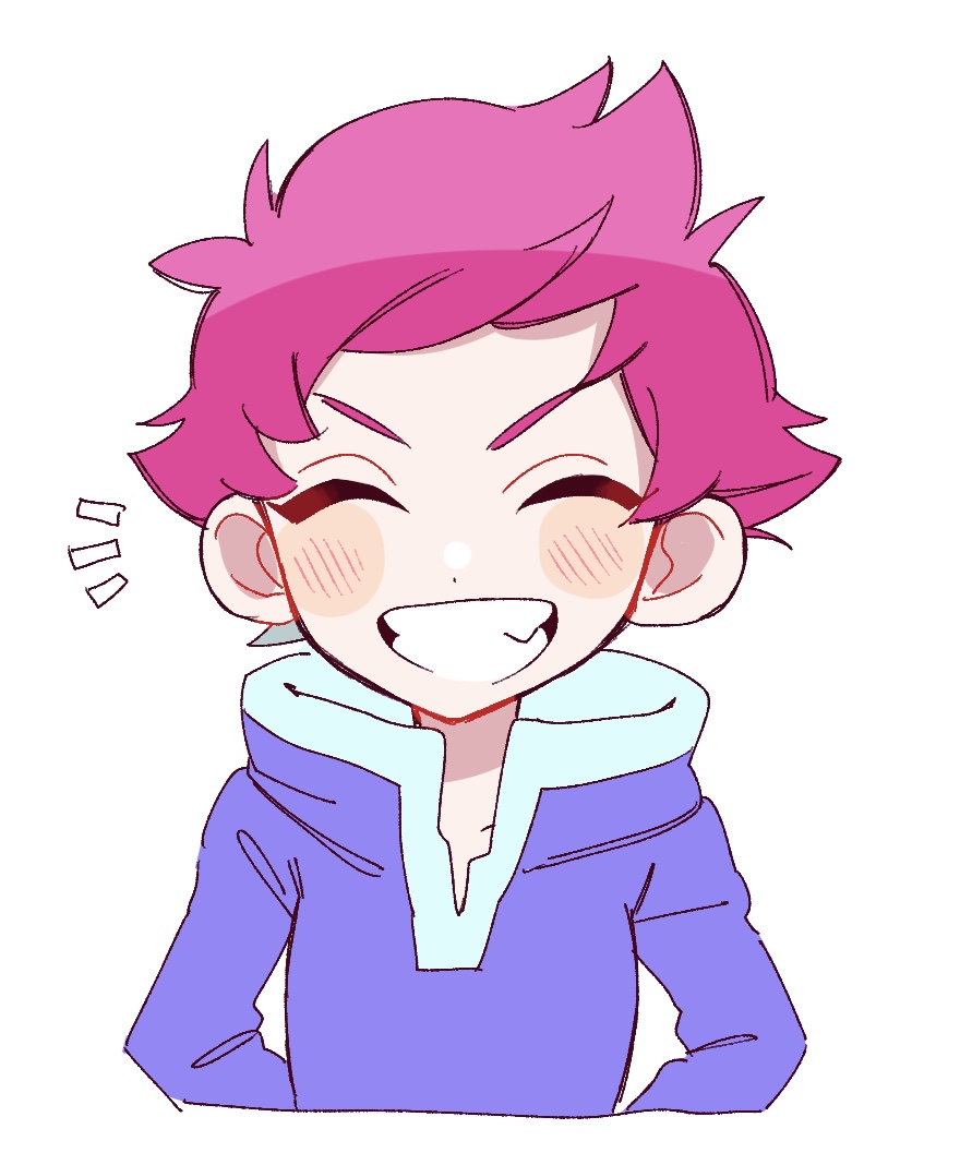 1girl blonde_hair blue_hood blush blush_stickers closed_mouth cyappy1022 happy hood hoodie kumatora looking_at_viewer mother_(game) mother_2 mother_3 pink_eyebrows pink_hair short_hair smile solo