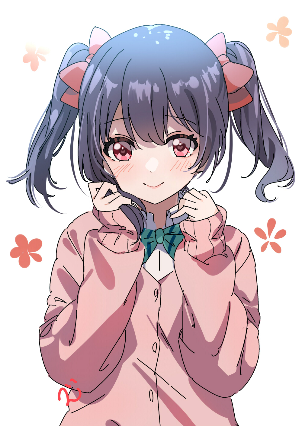 1girl asymmetrical_sidelocks black_hair blush bow bowtie bunbun_(midukikome) cardigan closed_mouth collared_shirt dot_nose eyelashes flower green_bow green_bowtie hair_bow highres long_bangs long_hair long_sleeves love_live! love_live!_school_idol_project otonokizaka_school_uniform pink_cardigan red_eyes school_uniform shirt short_twintails sidelocks signature simple_background smile solo striped_bow twintails white_background white_shirt yazawa_nico