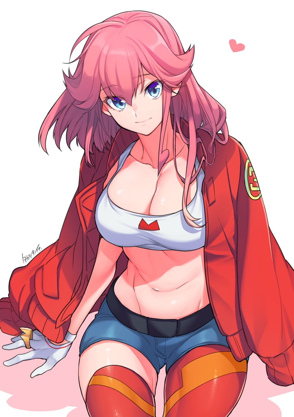 1girl aina_ardebit asymmetrical_legwear belt_pouch blue_eyes breasts cleavage crop_top cropped_jacket gloves hashtag_only_commentary highres midriff navel pink_hair pouch promare revision short_hair shorts side_ponytail smile solo suspenders takatsuki_ichi thighhighs uneven_legwear white_gloves