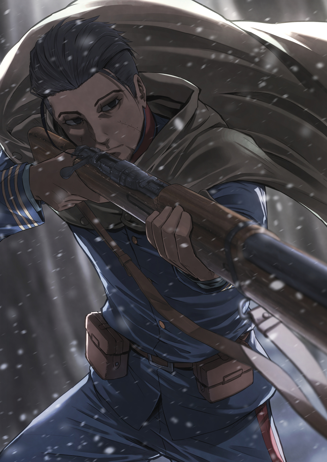 1boy aiming ammunition_pouch arisaka belt black_eyes black_hair blurry blurry_background bolt_action buttons cape collared_jacket facial_hair finger_on_trigger goatee goatee_stubble golden_kamuy gun gun_sling hair_slicked_back highres holding holding_gun holding_weapon hood hooded_cape imperial_japanese_army jacket long_sleeves loose_hair_strand male_focus military military_uniform ogata_hyakunosuke outdoors pouch rifle scar scar_on_cheek scar_on_face short_hair snow snowing soldier solo stubble tree undercut uniform upper_body very_short_hair weapon winter zombie_mogura