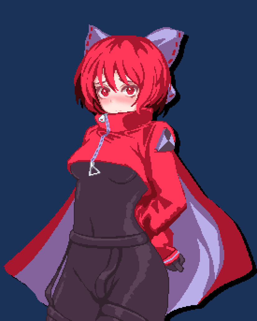 1girl adapted_costume akatsuki_records black_bodysuit black_gloves blue_background blue_bow blush bodysuit bow breasts cape covered_navel cowboy_shot embarrassed gloves hair_bow long_sleeves nose_blush nukekip pixel_art puffy_sleeves red_cape red_eyes red_hair rock_'n'_rock_'n'_beat sekibanki simple_background small_breasts solo touhou two-sided_cape two-sided_fabric white_cape