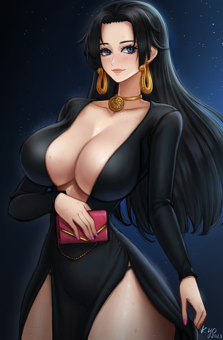 1girl alternate_costume artist_name bag black_dress black_hair blue_eyes boa_hancock breasts cleavage closed_mouth collarbone dated dress earrings handbag highres jewelry kyopink large_breasts long_hair looking_at_viewer nail_polish necklace night night_sky one_piece pelvic_curtain plunging_neckline side_slit sky solo star_(sky) starry_sky sweat