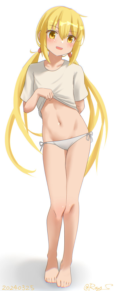 1girl barefoot blonde_hair clothes_lift commentary_request full_body kantai_collection lifted_by_self long_hair looking_at_viewer low_twintails one-hour_drawing_challenge panties ray.s satsuki_(kancolle) shirt shirt_lift side-tie_panties simple_background solo twintails underwear white_background white_shirt yellow_eyes