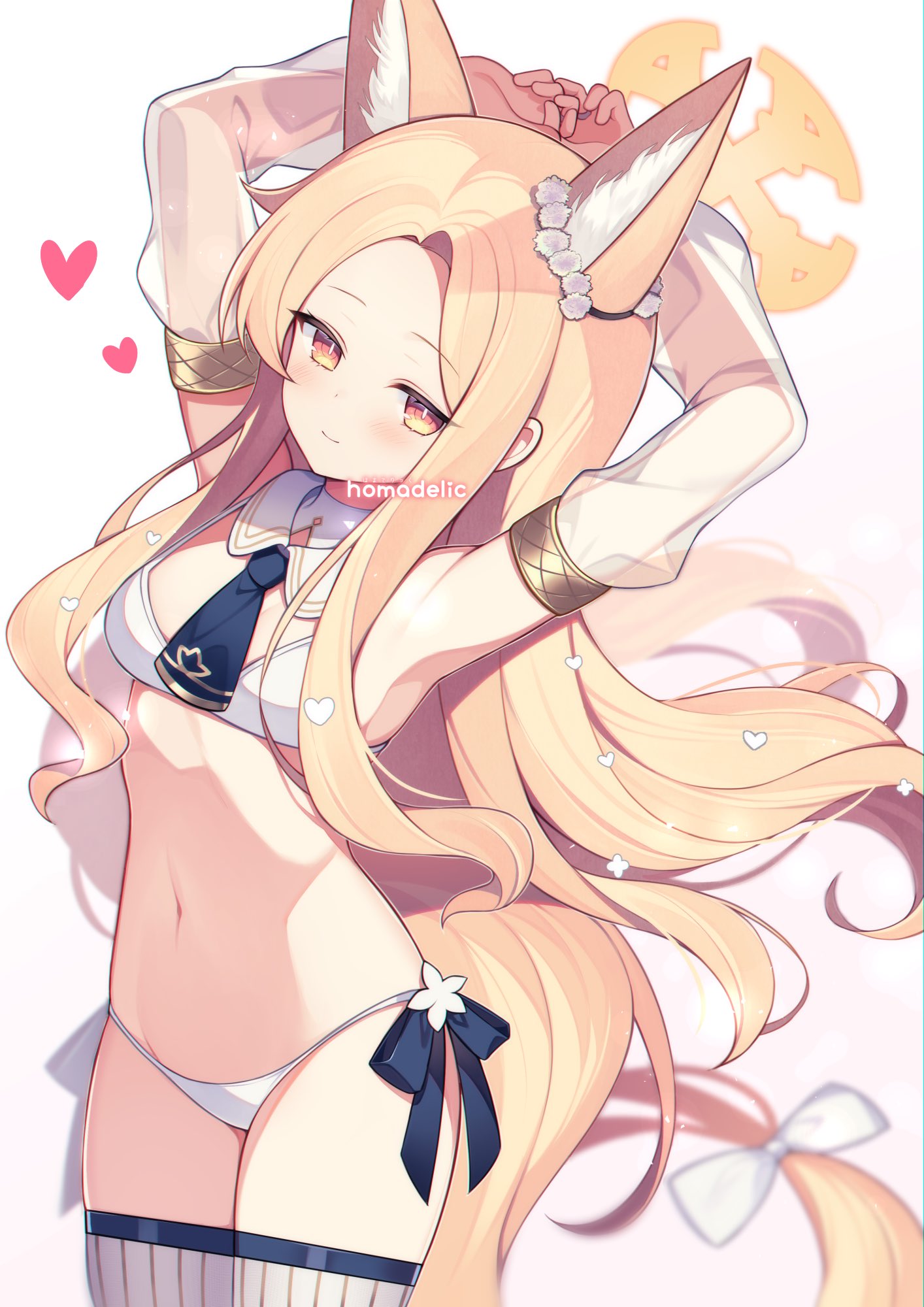 1girl absurdly_long_hair animal_ear_fluff animal_ears armpits arms_behind_head arms_up artist_name bare_shoulders bikini blue_archive blue_necktie blush bow bow_bikini breasts closed_mouth cowboy_shot detached_collar detached_sleeves fox_ears halo heart highres homaderi long_hair long_sleeves looking_at_viewer navel necktie orange_eyes orange_hair see-through see-through_sleeves seia_(blue_archive) sidelocks signature simple_background small_breasts solo standing stomach straight_hair string_bikini striped_clothes striped_thighhighs swimsuit thighhighs thighs vertical-striped_clothes vertical-striped_thighhighs very_long_hair white_bikini