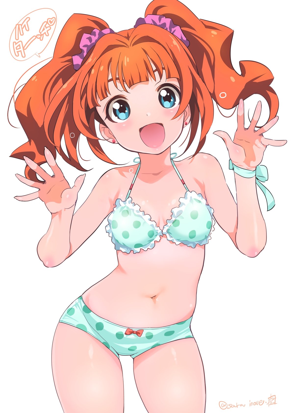 1girl artist_name blue_eyes blush bow bow_panties bra breasts brown_hair choker commentary_request contrapposto earrings green_bra green_panties green_ribbon highres idolmaster idolmaster_(classic) inoue_sora jewelry long_hair open_mouth orange_hair panties pink_scrunchie polka_dot polka_dot_bra polka_dot_panties revision ribbon scrunchie small_breasts smile solo standing stud_earrings takatsuki_yayoi twintails twitter_username underwear underwear_only wrist_ribbon