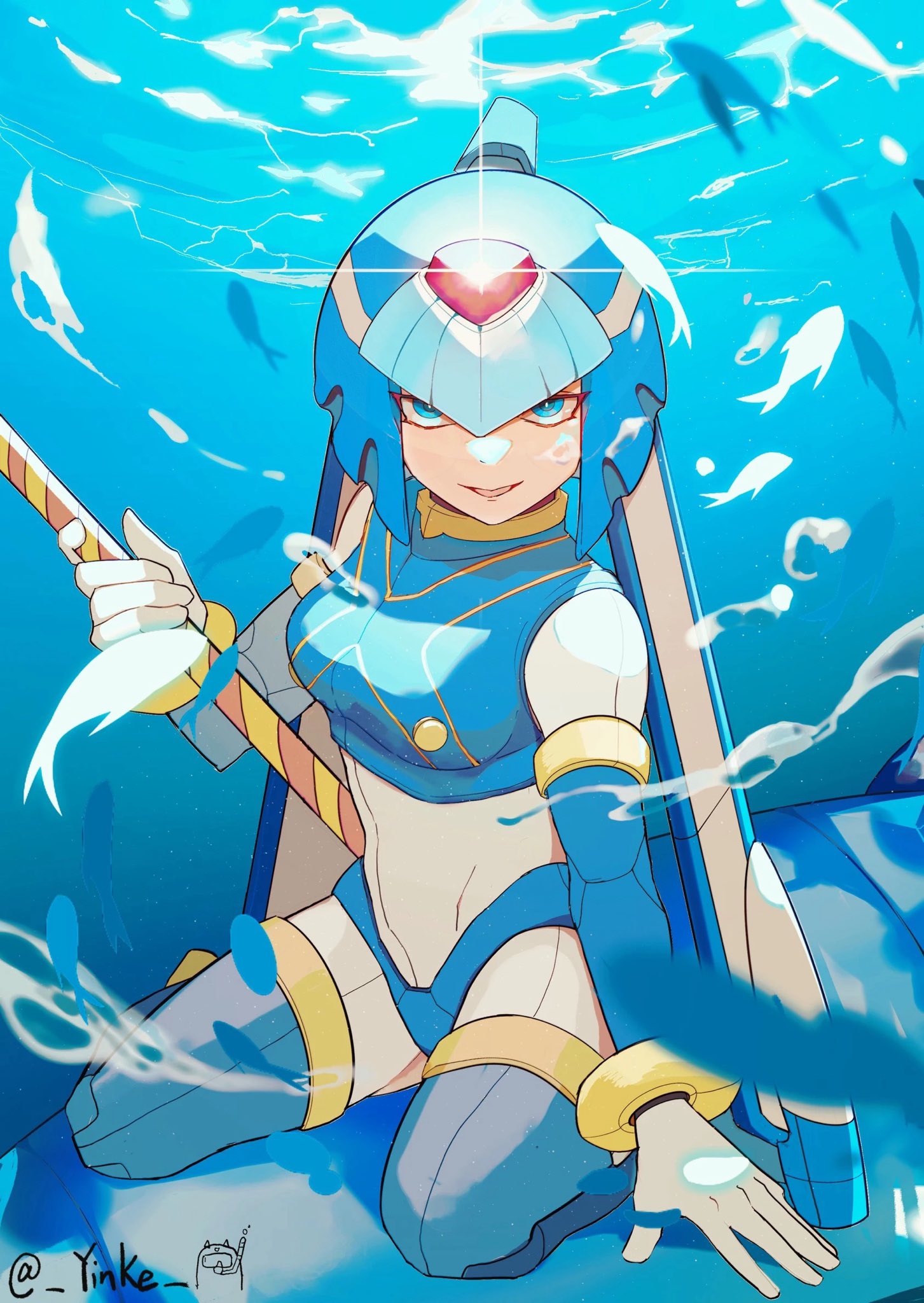 1girl armor blue_armor blue_eyes blue_helmet boots crop_top fairy_leviathan_(mega_man) forehead full_body glint glowing_fish highres holding holding_polearm holding_weapon kneehighs looking_at_viewer mega_man_(series) mega_man_zero_(series) polearm smile socks solo thigh_boots twitter_username underwater weapon yinke