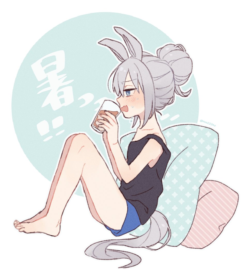 1girl alternate_hairstyle animal_ears barefoot black_shirt blue_shorts blush cup fang grey_hair hair_bun holding holding_cup horse_ears horse_girl horse_tail knees_up nm222hz open_mouth pillow shirt short_hair short_shorts shorts sitting skin_fang solo sweat tail tamamo_cross_(umamusume) tank_top toes umamusume v-shaped_eyebrows