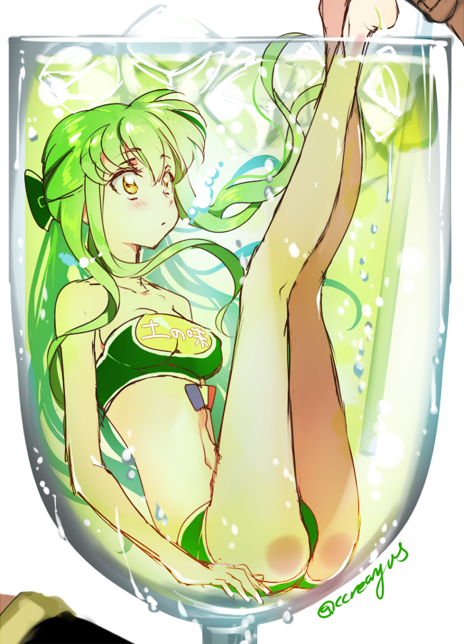 against_glass alternate_costume alternate_hairstyle ass ass_on_glass bandeau bangs barefoot bikini blush bow breasts c.c. cleavage clothes_writing code_geass creayus cup drink drinking_glass drinking_straw floating_hair food french_flag from_side full_body green_bikini green_hair hair_bow half_updo ice ice_cube in_container in_cup in_food kneepits legs legs_up long_hair long_legs looking_up medium_breasts minigirl navel orangina oversized_object parted_lips sidelocks size_difference sketch solo_focus swimsuit twitter_username very_long_hair wine_glass yellow_eyes