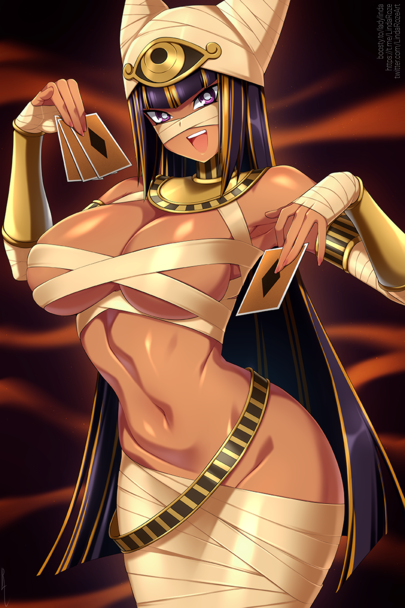 1girl bandaged_leg bandages blonde_hair breasts bright_pupils card commentary dark-skinned_female dark_skin english_commentary eye_of_horus hands_up highres holding holding_card large_breasts lindaroze long_hair looking_at_viewer monster_musume_no_iru_nichijou multicolored_hair naked_bandage navel open_mouth paid_reward_available purple_eyes smile solo streaked_hair teeth twitter_username underboob upper_teeth_only very_long_hair web_address white_pupils