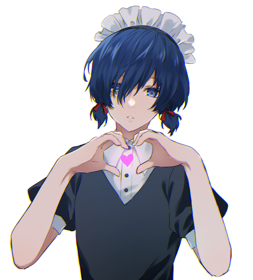1boy black_dress blue_eyes blue_hair bow collared_shirt commentary_request crossdressing dress frilled_hairband frills hair_between_eyes hair_bow hairband heart heart_hands looking_at_viewer maid maid_headdress male_focus parted_lips persona persona_3 puffy_short_sleeves puffy_sleeves red_bow shirt short_hair short_sleeves solo tsukitaka upper_body white_background white_shirt yuuki_makoto_(persona_3)