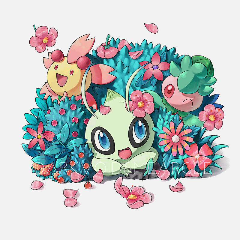 :d artist_name blue_eyes bush celebi cherrim cherrim_(sunshine) commentary darkvoiddoble flower fomantis happy no_humans open_mouth petals pink_flower pokemon pokemon_(creature) smile tongue