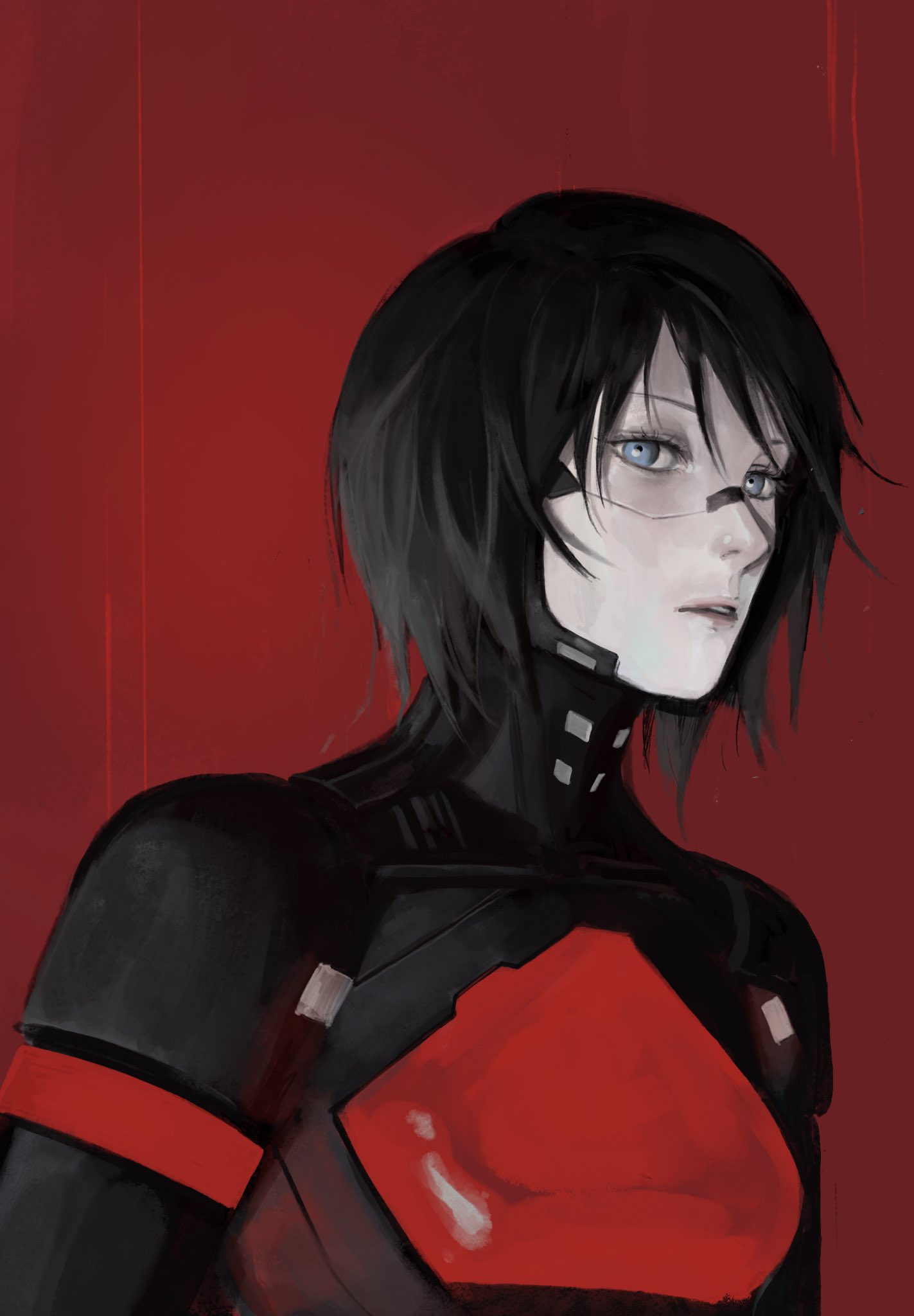 1girl android armor artist_request black_hair blue_eyes cyberpunk elster_(signalis) highres joints looking_at_viewer mechanical_parts metal_skin robot_girl robot_joints science_fiction signalis solo