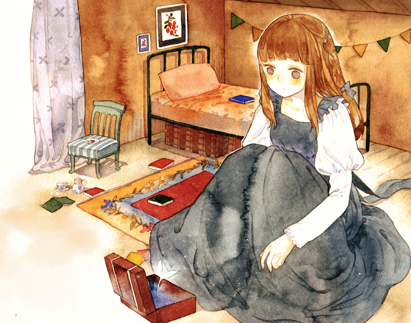 1girl bed bedroom blush bow braid brown_eyes brown_hair bug card carpet chair curtains dress english_commentary giant giantess hair_bow indoors kaka123 long_hair long_sleeves original painting_(medium) painting_(object) pennant pillow puffy_sleeves rug sidelocks sitting solo table traditional_media watercolor_(medium) wooden_floor