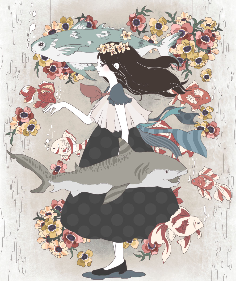 1girl anemone_(flower) black_dress black_eyes black_footwear black_hair bubble closed_mouth colored_skin commentary_request dress fish flats flower full_body ginkou_(atmzh) head_wreath koi light_blush long_hair long_skirt original polka_dot polka_dot_dress profile red_flower short_sleeves sideways_glance skirt solo standing white_skin yellow_flower