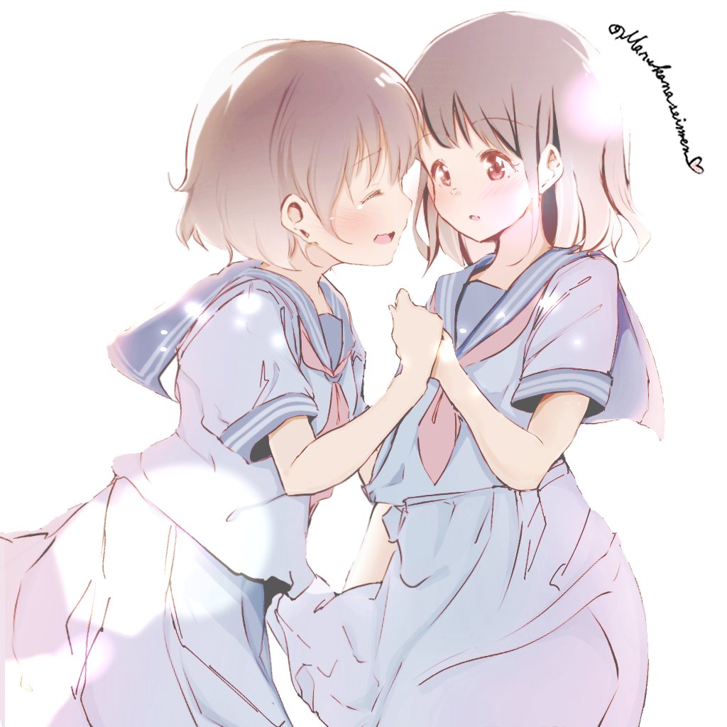 2girls closed_eyes lens_flare light_blush looking_at_another multiple_girls original red_eyes school_uniform serafuku shiralog signature uniform white_background yuri