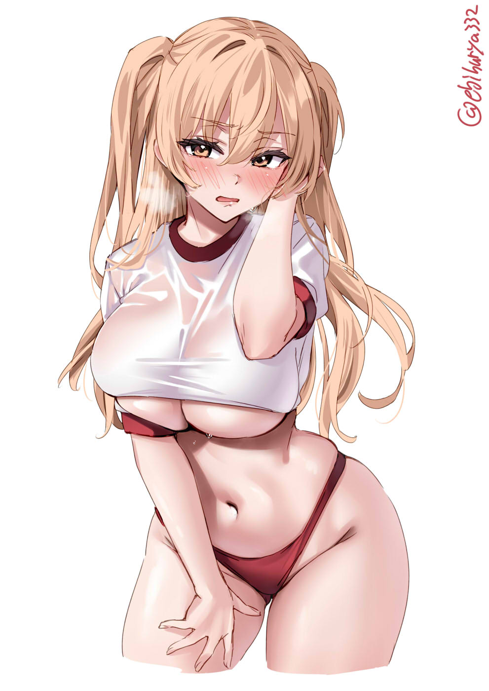 1girl ass_visible_through_thighs bikini blush breasts brown_eyes cropped_legs cropped_shirt ebifurya hair_between_eyes hand_in_own_hair hand_on_own_thigh hand_up heavy_breathing highres johnston_(kancolle) kantai_collection large_breasts leaning_to_the_side light_brown_hair long_hair looking_at_viewer navel one-hour_drawing_challenge open_mouth red_bikini shirt sidelocks simple_background solo sweat swimsuit thighs twitter_username two_side_up underboob wet wet_clothes wet_shirt white_background white_shirt