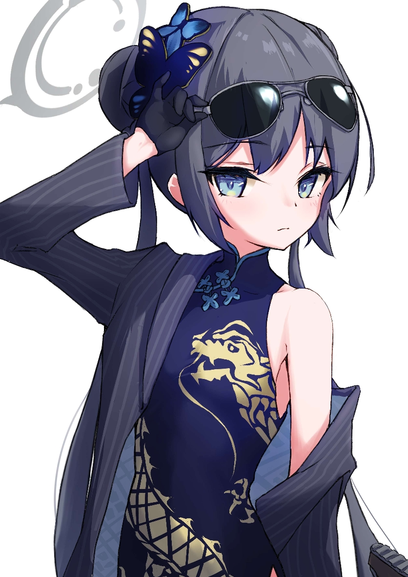 1girl armpits bare_shoulders black_dress black_gloves black_hair blue_archive breasts butterfly_hair_ornament china_dress chinese_clothes closed_mouth coat commentary_request double_bun dragon_print dress eyewear_on_head gloves grey-framed_eyewear grey_coat grey_eyes grey_halo hair_bun hair_ornament halo kisaki_(blue_archive) light_blush long_hair meluwow open_clothes open_coat pinstripe_pattern sidelocks simple_background sleeveless sleeveless_dress small_breasts solo striped_coat sunglasses twintails vertical-striped_coat white_background