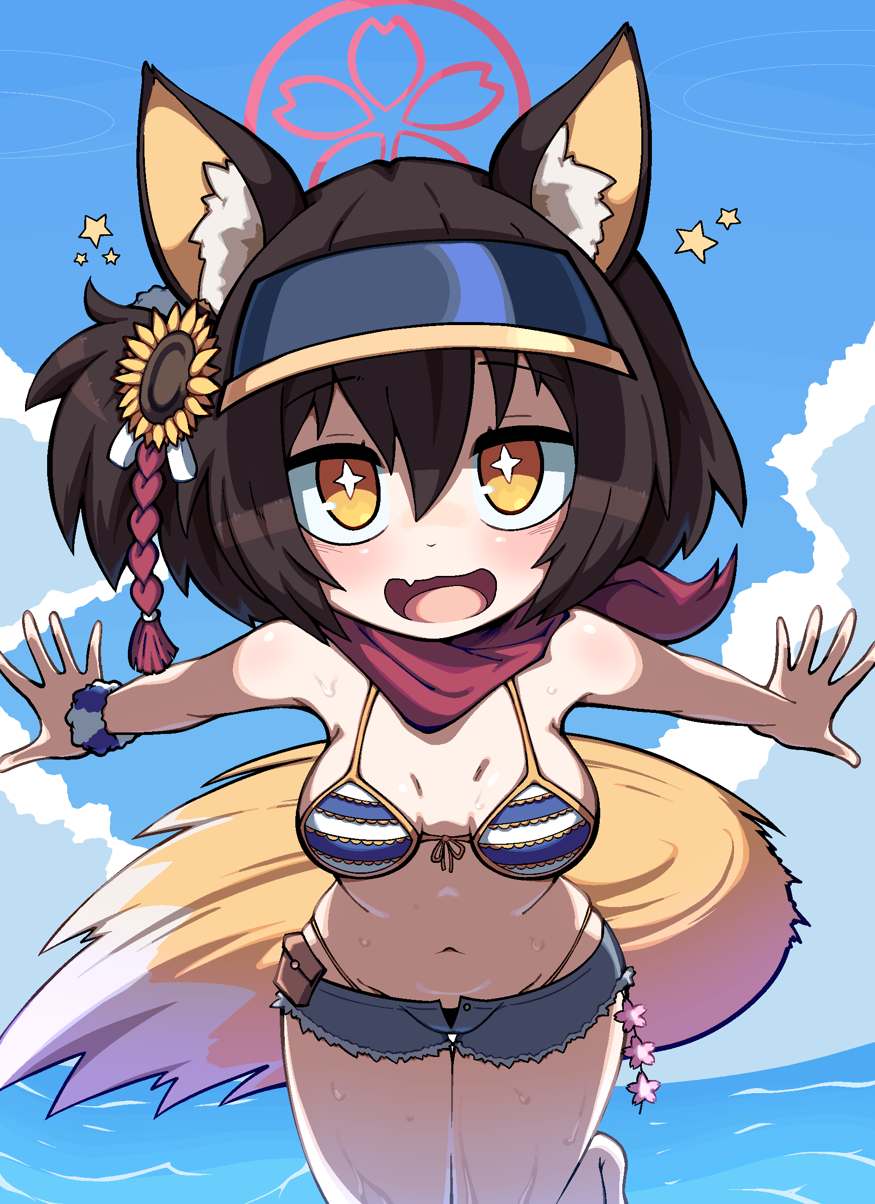 +_+ 1girl absurdres animal_ear_fluff animal_ears average-hanzo bare_shoulders bikini black_hair blue_archive blue_sky blush breasts breasts_apart cloud cowboy_shot day denim denim_shorts english_commentary fang flower fox_ears fox_girl fox_tail hair_flower hair_ornament halo highres izuna_(blue_archive) izuna_(swimsuit)_(blue_archive) looking_at_viewer medium_breasts navel ocean official_alternate_costume open_fly open_mouth orange_eyes outdoors outstretched_arms panty_straps red_scarf scarf short_hair short_shorts shorts skin_fang sky smile solo spread_arms star_(symbol) striped_bikini striped_clothes sunflower sunflower_hair_ornament swimsuit tail variant_set visor_cap water wet