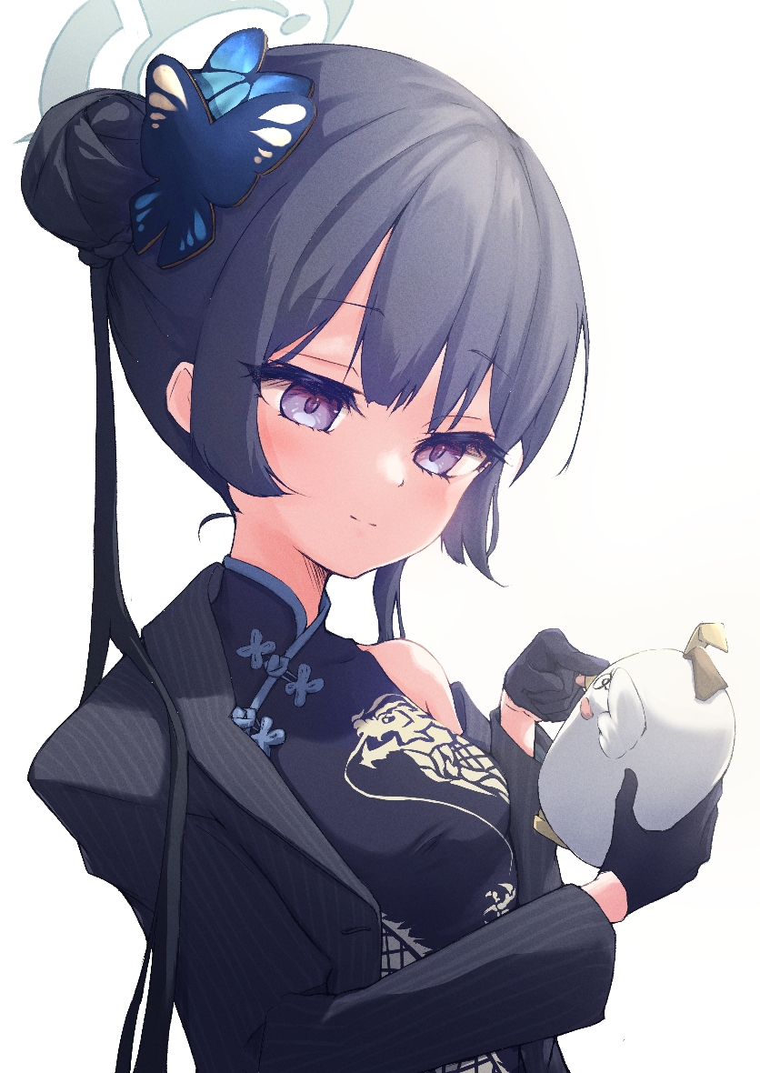 1girl bare_shoulders black_dress black_gloves black_hair blue_archive breasts butterfly_hair_ornament china_dress chinese_clothes closed_mouth coat commentary_request double_bun dragon_print dress gloves grey_coat grey_eyes grey_halo hair_bun hair_ornament halo holding holding_stuffed_toy kisaki_(blue_archive) light_blush light_smile long_hair meluwow open_clothes open_coat peroro_(blue_archive) pinstripe_pattern sidelocks simple_background sleeveless sleeveless_dress small_breasts solo striped_coat stuffed_animal stuffed_bird stuffed_toy twintails vertical-striped_coat white_background