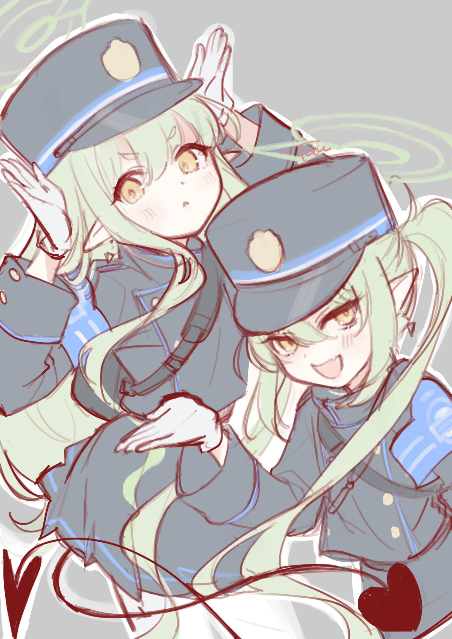 2girls black_hat black_shirt black_tail blue_archive blush demon_tail earrings fang gloves green_hair green_halo grey_background hair_between_eyes halo hat highlander_sidelocks_conductor_(blue_archive) highlander_twintails_conductor_(blue_archive) highres jewelry long_hair long_sleeves multiple_girls open_mouth outline peaked_cap pointy_ears shirt sidelocks simple_background sketch skin_fang smile tail tautiki twintails white_gloves white_outline yellow_eyes
