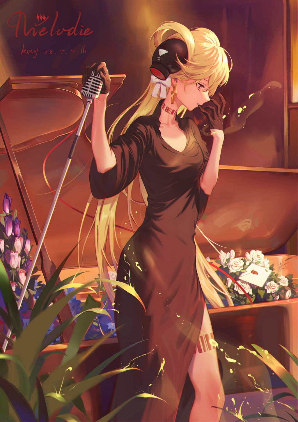 ai_chan_(honkai_impact) bangs barcode barcode_tattoo biting black_dress black_gloves blonde_hair blue_flower breasts collarbone dated dress dubian_xiang earrings flower glove_biting gloves hair_between_eyes hair_ornament hair_ribbon highres holding honkai_impact jewelry letter long_hair looking_down microphone microphone_stand multiple_earrings red_eyes ribbon sidelocks signature small_breasts tattoo two_side_up very_long_hair white_flower white_ribbon wide_sleeves yellow_flower