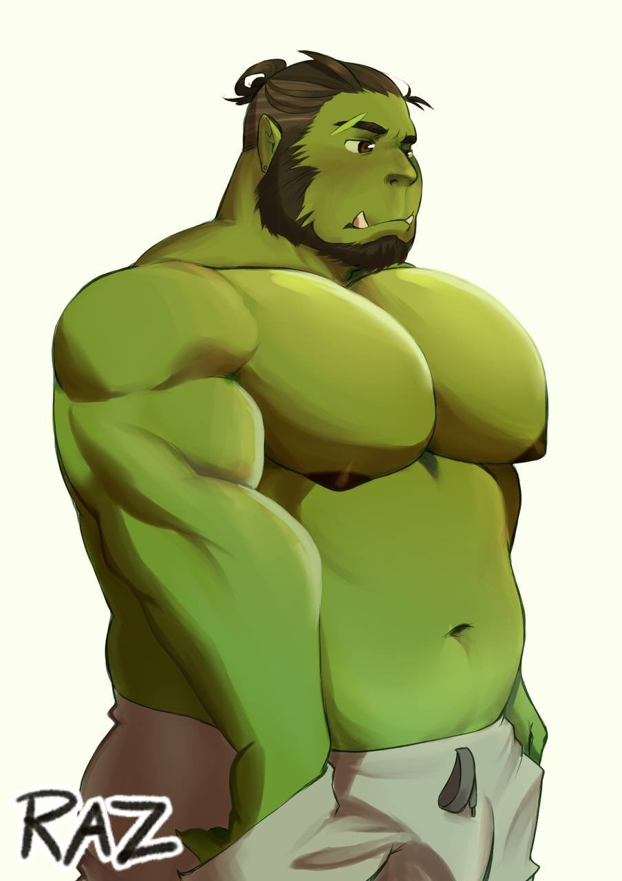 1boy bara beard belly blush bulge colored_skin cowboy_shot eyebrow_cut facial_hair from_side full_beard green_skin grey_pants highres large_pectorals looking_ahead male_focus manboobs mature_male monster_boy muscular muscular_male nipples orc original pants pectorals plump pointy_ears shaved_body short_hair shy solo tareme thick_beard thick_eyebrows torazaki tusks