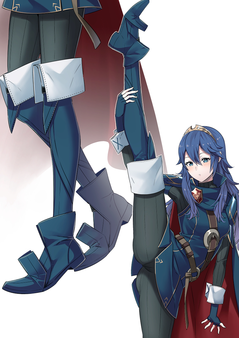 1girl ameno_(a_meno0) belt blue_eyes blue_hair boots breasts cape fingerless_gloves fire_emblem fire_emblem_awakening gloves hair_between_eyes leg_grab long_sleeves looking_at_viewer lucina_(fire_emblem) multiple_views pantyhose small_breasts split standing standing_on_one_leg standing_split sweater symbol-shaped_pupils thigh_boots tiara white_background wrist_cuffs