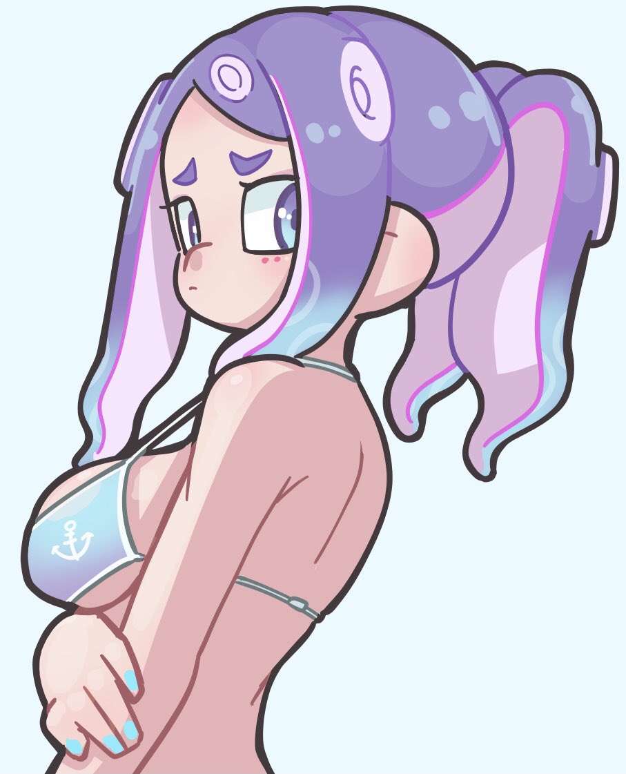 1girl anchor_symbol bikini blue_hair blue_nails breasts closed_mouth gradient_hair halterneck hekoningyou_(waraningyou) looking_at_viewer multicolored_hair nail_polish octoling_girl octoling_player_character ponytail purple_eyes purple_hair sideboob sidelocks solo splatoon_(series) standing swimsuit white_background