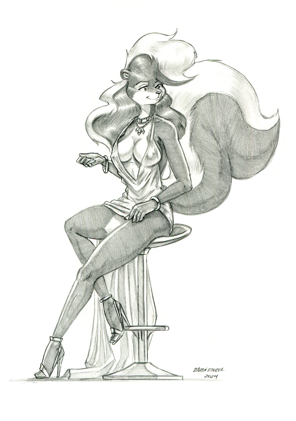 2024 anthro baron_engel bracelet breasts cleavage clothed clothing dress female fluffy fluffy_tail footwear fur greyscale hair hi_res high_heels jewelry mammal mephitid monochrome nipple_outline rosemary_parker_(character) skunk solo tail