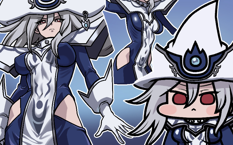 1girl armor blue_dress blush_stickers breasts chibi dress duel_monster gloves grey_hair hair_between_eyes hat hive jazz_jack large_breasts multiple_views pauldrons red_eyes shoulder_armor silent_magician solo white_gloves witch_hat yu-gi-oh!