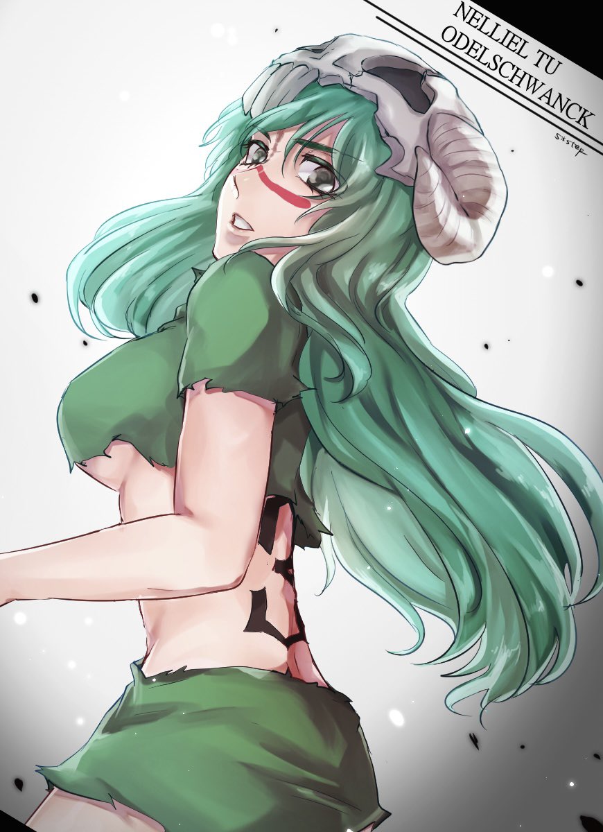 1046sstep_btoh 1girl artist_name back_tattoo bleach breasts character_name crop_top facepaint green_hair green_shirt green_skirt highres large_breasts long_hair looking_at_viewer microskirt midriff nelliel_tu_odelschwanck revealing_clothes shirt short_sleeves skirt skull_on_head solo tattoo torn_clothes underboob
