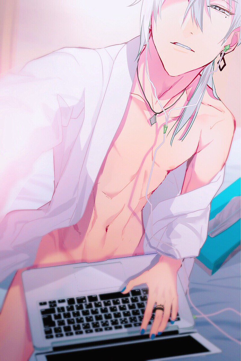 1boy abs blue_nails bottomless computer earphones earrings grey_eyes hair_between_eyes highres idolish7 jewelry laptop looking_at_viewer low_ponytail male_focus mole mole_under_eye nail_polish necklace nipples on_bed parted_lips re:vale rinunu selfie single_bare_shoulder single_earring single_sidelock sitting solo teeth tissue_box upper_body upper_teeth_only white_bathrobe white_hair yuki_(idolish7)