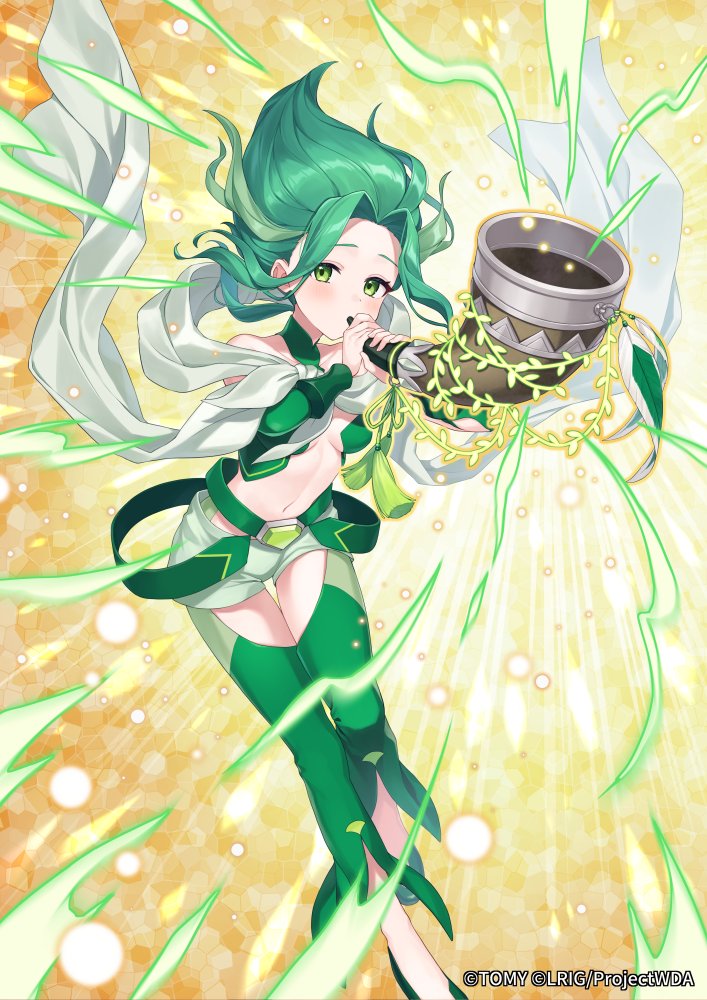 1girl bare_shoulders breasts character_request commentary_request crotchless crotchless_pants detached_sleeves forehead green_eyes green_footwear green_hair green_pants green_sleeves grey_shorts holding holding_instrument horn_(instrument) instrument long_sleeves looking_at_viewer medium_breasts navel official_art pants shoes short_shorts shorts solo wixoss yamabukiiro