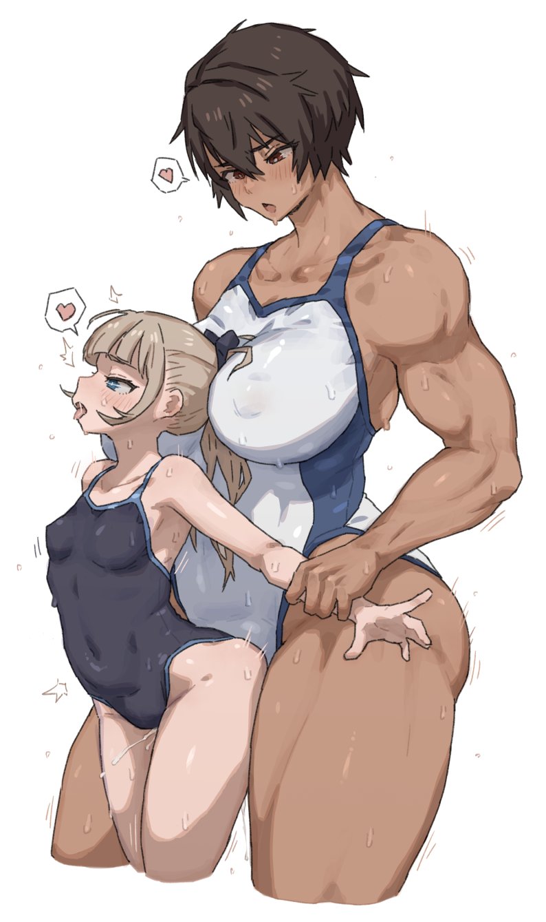 blonde_hair blue_eyes breasts brown_hair competition_school_swimsuit dark-skinned_female dark_skin dry_humping futa_with_female futanari gym_uniform height_difference highres humping implied_futanari kei_(m_k) large_breasts long_hair m_k multiple_girls original ponytail red_eyes rika_(m_k) school_swimsuit short_hair simple_background size_difference standing sweat swimsuit tall tall_female tan tomboy