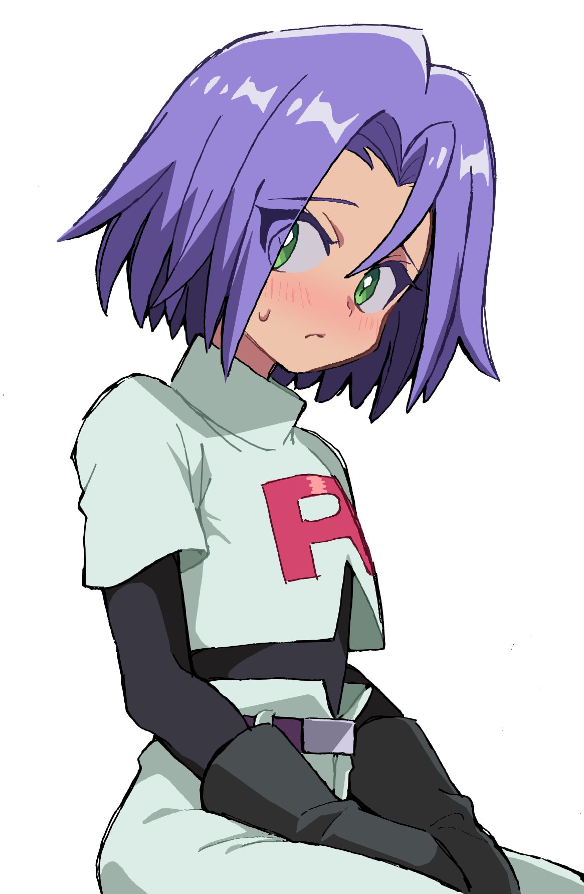 black_gloves blush embarrassed gloves green_eyes highres james_(pokemon) looking_at_viewer macchiromomomo pokemon pokemon_(anime) purple_hair solo solo_focus sweatdrop team_rocket team_rocket_uniform white_background