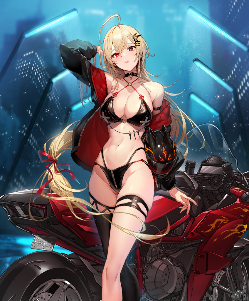 1girl ahoge arm_behind_head armband armpit_crease artist_request ass_visible_through_thighs asymmetrical_legwear bare_shoulders bikini black_armband black_choker black_jacket black_thighhighs blonde_hair blush breasts building chinese_knot choker city city_lights cleavage crotch_zipper endless_rizette evertale flame_print gloves hair_ornament helmet holding holding_helmet jacket lamppost large_breasts linea_alba long_hair looking_at_viewer low-tied_long_hair mismatched_legwear motor_vehicle motorcycle motorcycle_helmet multicolored_clothes multicolored_jacket navel night night_sky o-ring o-ring_bikini o-ring_top official_alternate_costume official_art open_mouth pendant_choker red_eyes red_jacket red_ribbon revealing_clothes ribbon rizette screen single_thighhigh skindentation sky skyline skyscraper smile solo swimsuit teeth thigh_gap thigh_strap thighhighs thong_bikini two-tone_jacket unworn_headwear unworn_helmet very_long_hair zipper