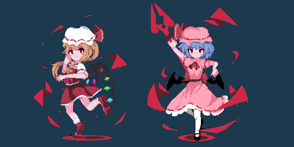 2girls ascot bat_wings blonde_hair blue_hair crystal_wings dress flandre_scarlet full_body hand_up hat hat_ribbon mary_janes miuu_000 mob_cap multiple_girls pink_dress pink_ribbon pixel_art red_ascot red_dress red_eyes red_ribbon remilia_scarlet ribbon shoes short_hair side_ponytail simple_background smile thighhighs touhou white_thighhighs wings yellow_ascot