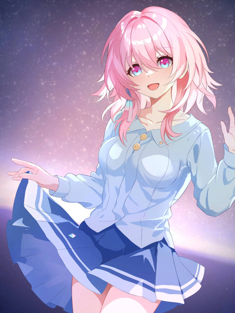 1girl :d blue_eyes blue_shirt blue_skirt commentary cowboy_shot fangai-anmian honkai:_star_rail honkai_(series) long_sleeves looking_at_viewer march_7th_(honkai:_star_rail) miniskirt open_mouth pink_hair purple_eyes shirt short_hair skirt smile solo standing two-tone_eyes