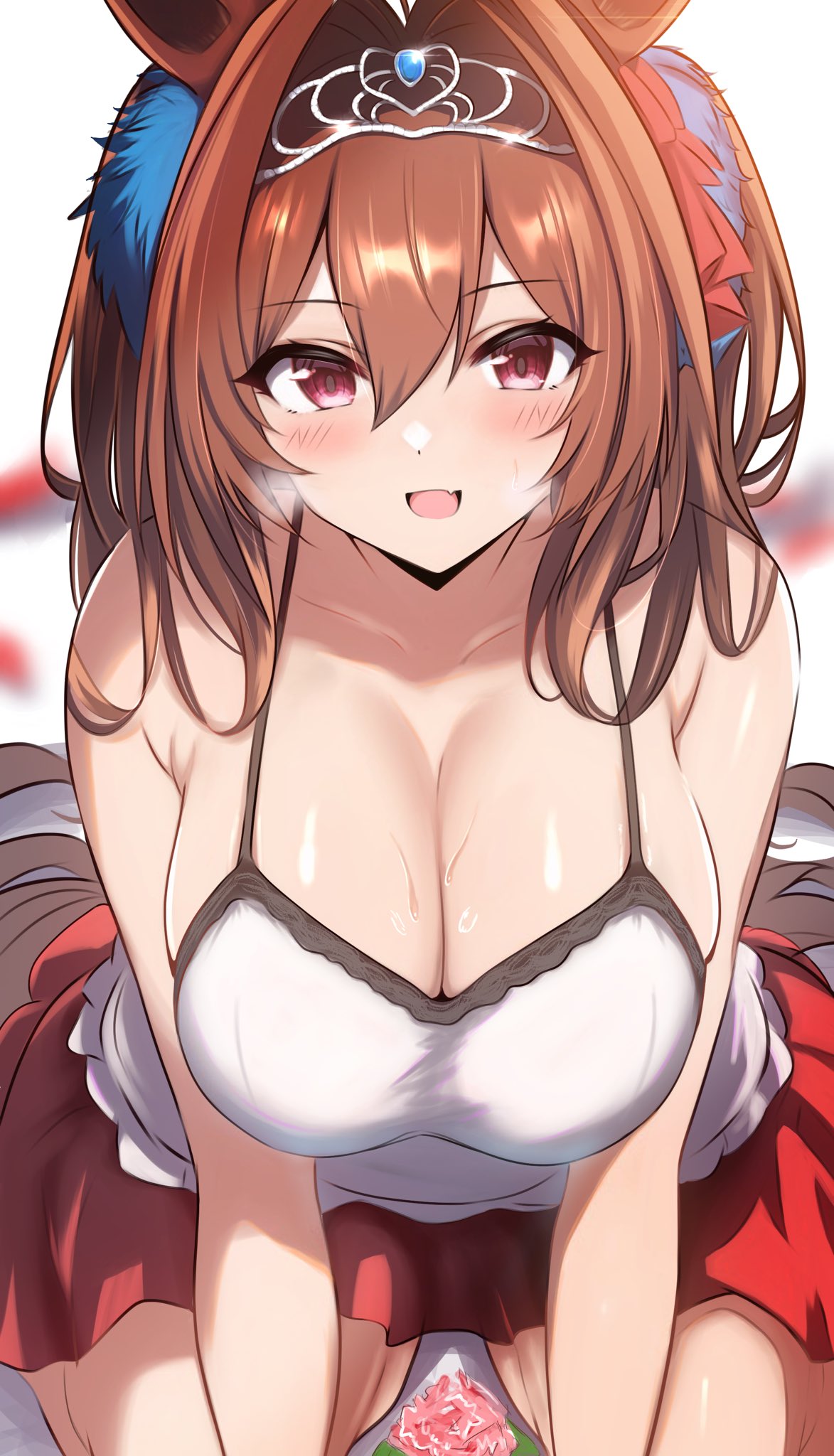 1girl animal_ears armpit_crease bad_id bad_twitter_id blush breasts brown_hair camisole cleavage daiwa_scarlet_(umamusume) fang hair_between_eyes hair_ribbon heavy_breathing highres horse_ears huge_breasts kneeling long_hair looking_at_viewer open_mouth red_eyes red_ribbon red_skirt ribbon skin_fang skirt solo sweat tiara twintails umamusume ushizara white_camisole