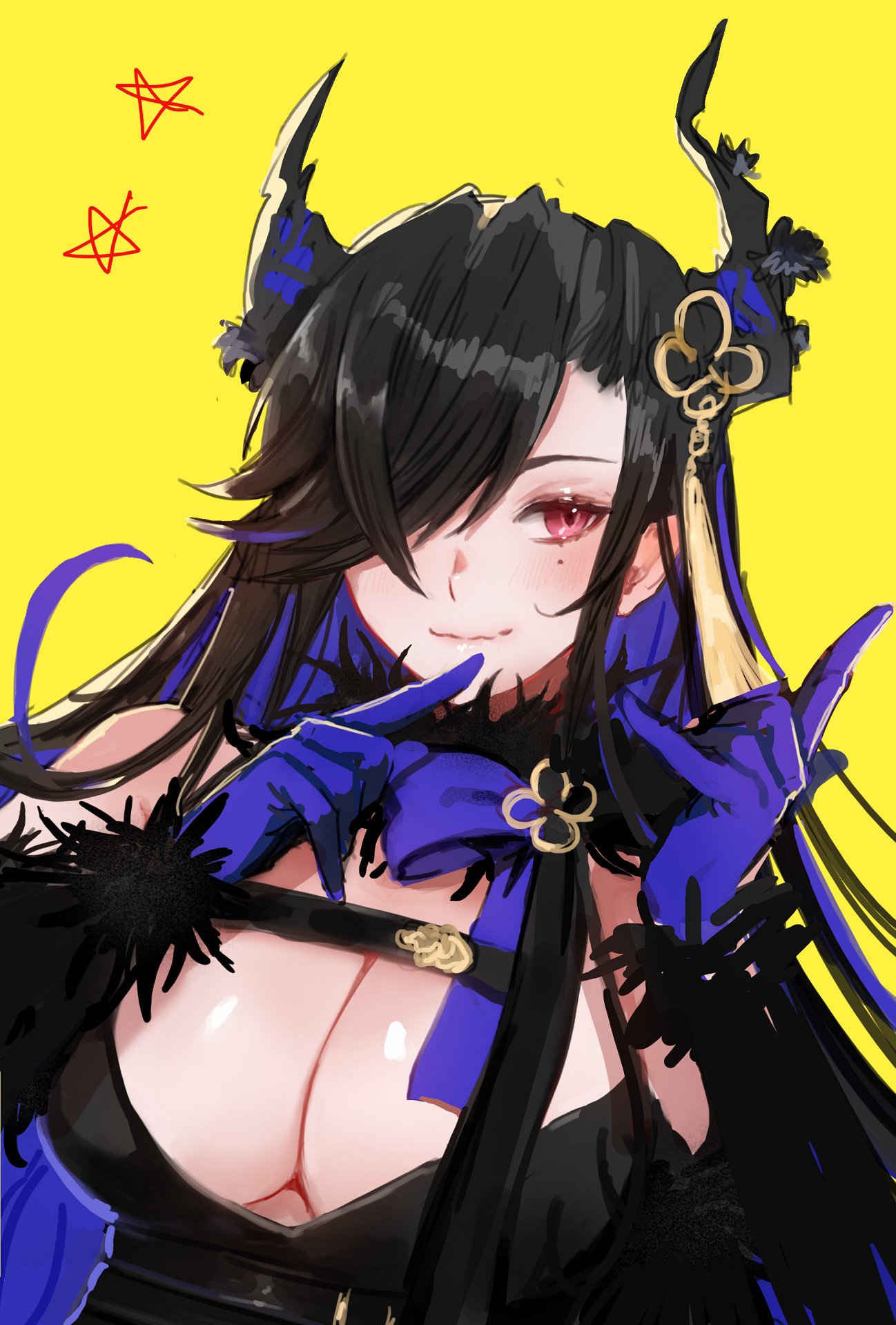 1girl alternate_costume alternate_hairstyle asymmetrical_horns black_hair blue_hair breasts cleavage colored_inner_hair demon_horns hair_ornament hair_over_one_eye highres hololive hololive_english horns large_breasts long_hair looking_at_viewer mole mole_under_eye multicolored_hair nerissa_ravencroft red_eyes rugi_rugi sketch smile two-tone_hair upper_body virtual_youtuber