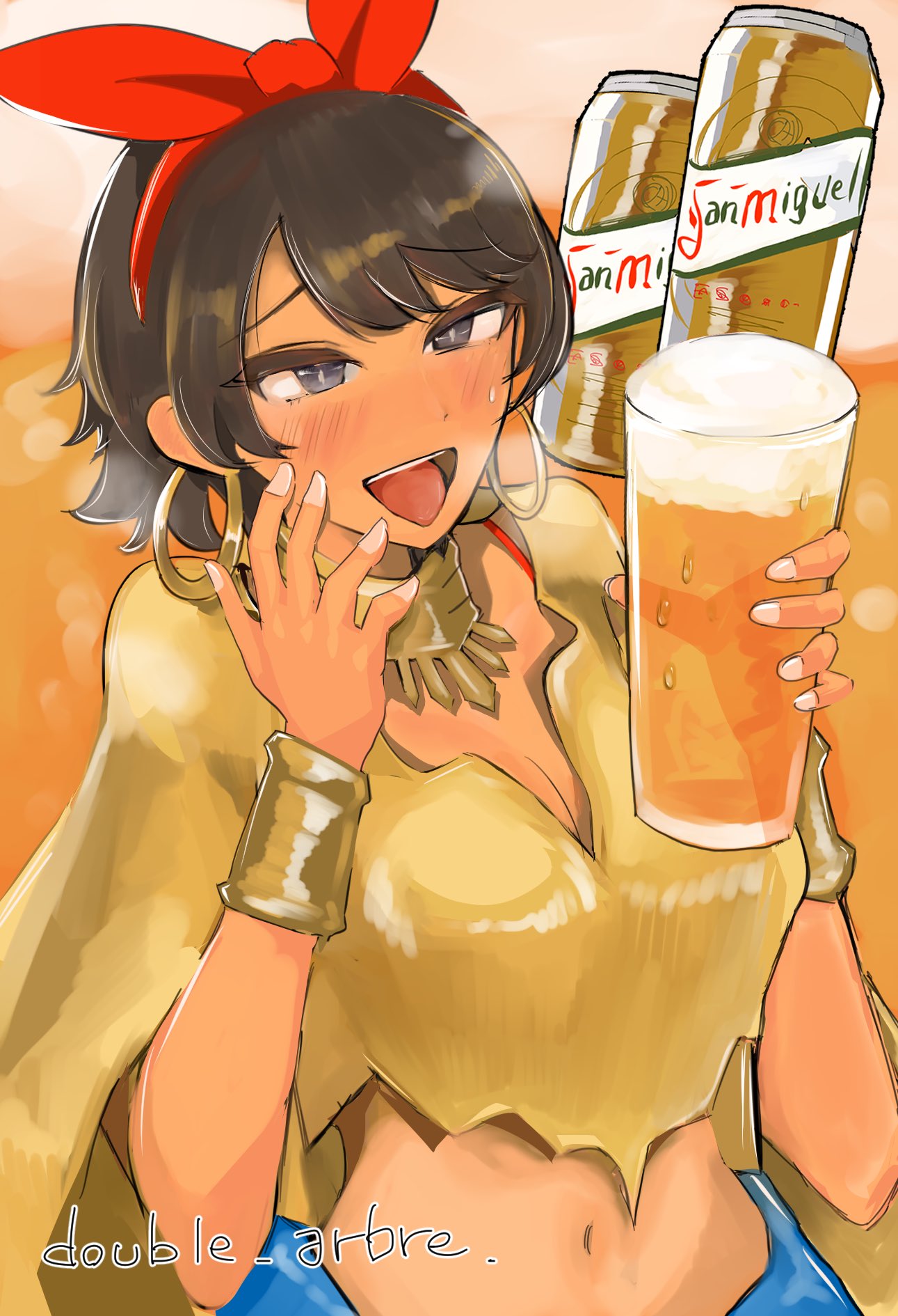 1girl :d alcohol artist_name beer blue_eyes blush breasts brown_eyes brown_hair crop_top cup dark-skinned_female dark_skin double_arbre drunk earrings hair_ribbon heavy_breathing highres holding holding_cup jewelry josie_rizal looking_at_viewer navel open_mouth ribbon short_hair smile solo teeth tekken tekken_7 upper_teeth_only