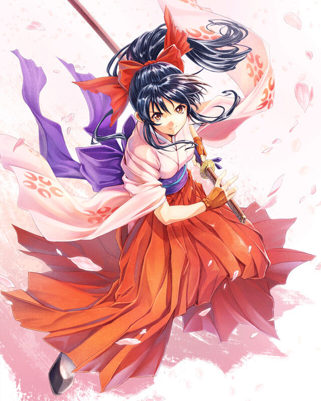 1girl back_ribbon black_hair bow brown_bow brown_eyes brown_gloves cherry_blossoms closed_mouth collar drawing_sword fighting_stance fingerless_gloves floating_clothes floating_hair floral_print_kimono floral_print_sleeves glove_bow gloves hair_ribbon hakama half_updo high_heels high_ponytail holding holding_sheath holding_sword holding_weapon japanese_clothes katana kimono long_sleeves looking_at_viewer meiji_schoolgirl_uniform name_connection obi obijime object_namesake official_art pink_background pink_collar pink_kimono pink_petals pink_sleeves ponytail pumps purple_ribbon red_hakama red_ribbon ribbon sakura_taisen sash second-party_source sega sheath shinguuji_sakura simple_background smile socks solo solo_focus sword unsheathing v-shaped_eyebrows wavy_ends wavy_sidelocks weapon white_collar white_socks wide_sleeves